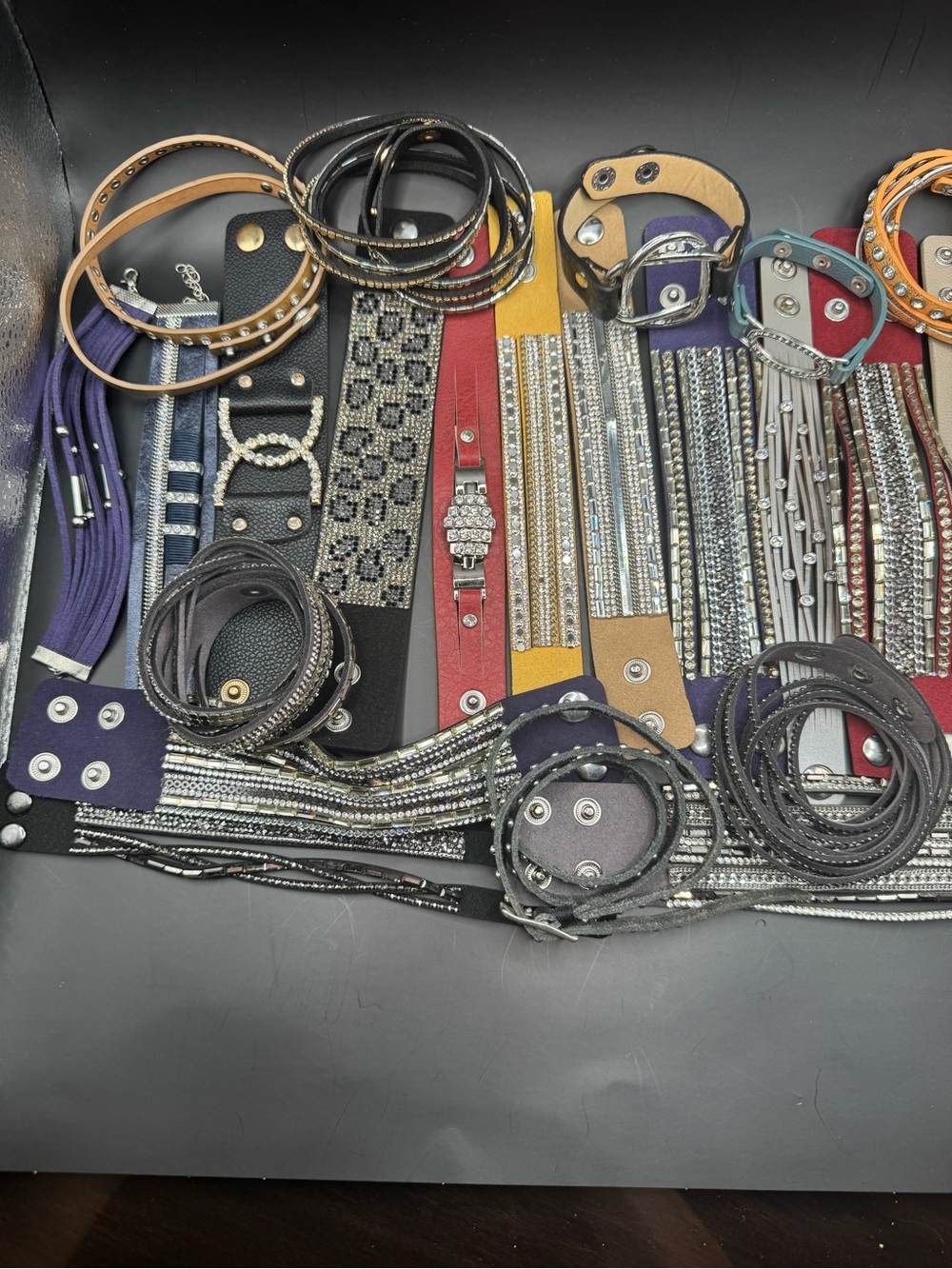 Lot of 21 Rhinestone Leather Look Bracelets Wrap Cuff Boho Sparkle Statement